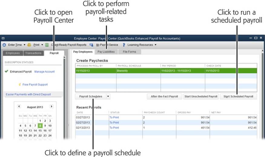 Payroll schedules make it easy to select the employees you want to pay, especially when you pay them on different schedules.To set up a payroll schedule, below the Create Paychecks table, click the down arrow on the Pay Schedules button, and then choose New.