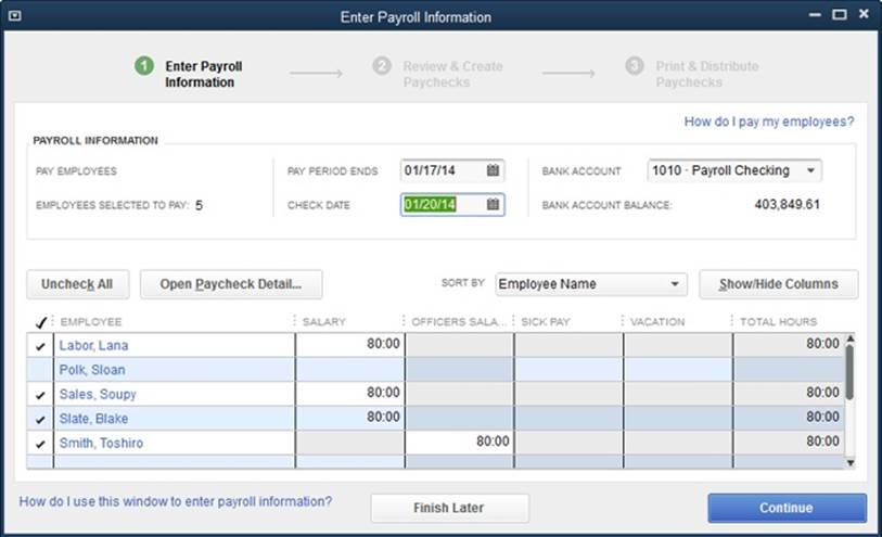 Employees who are set to inactive status in the Employees List don’t show up in this dialog box’s table. Neither do employees whose release dates (page 408) are prior to the date in the Pay Period Ends box.