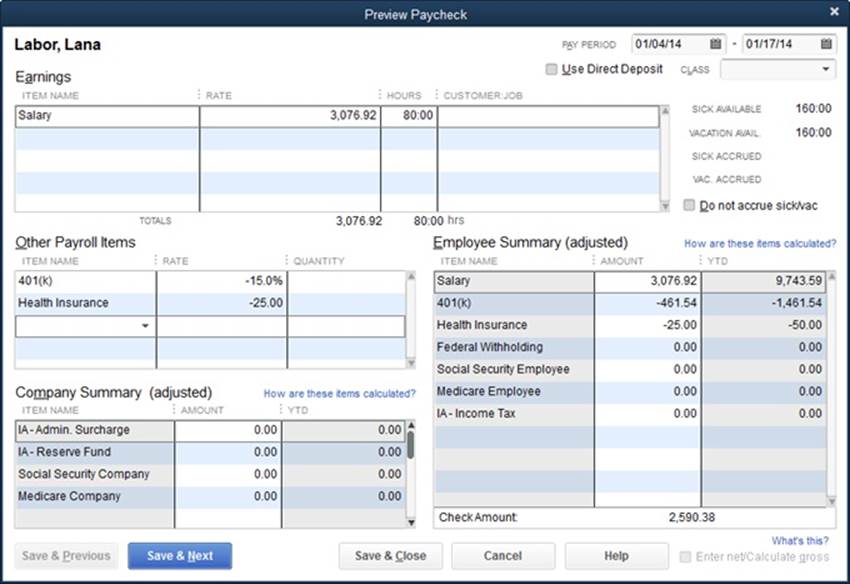 In this dialog box, the Earnings section shows the gross amount of the employee’s paycheck. For salaried employees, QuickBooks prorates the salary to the length of the pay period.In the Other Payroll Items and Company Summary sections, the program uses the tax tables and your Payroll items to calculate deductions or additions. Below the Class box is a list of available sick and vacation time. The Employee Summary section shows the entries you typically see on a pay stub.