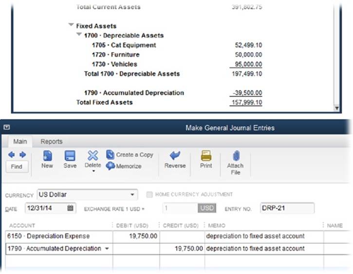 Top: A parent fixed asset account called Depreciable Assets acts as a container for all your fixed assets, so you can see the total fixed asset value on your balance sheet. The Accumulated Depreciation account follows the parent Depreciable Assets account, so you can see the depreciation you’ve deducted.Bottom: If you have several assets to depreciate, the commonly accepted approach is to create a spreadsheet showing the depreciation for each individual asset. In QuickBooks, you simply record a single Depreciation Expense debit for the total of all the depreciation credits, as shown here.