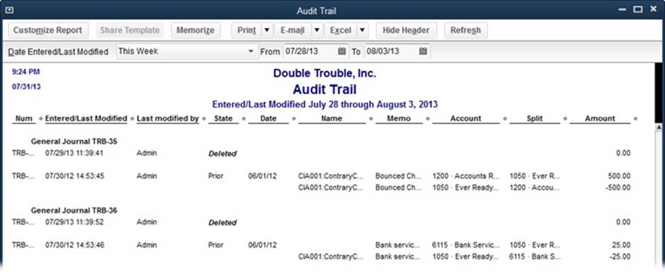 The Audit Trail report shows every transaction that’s been created, changed, or deleted.To see the details of a transaction, double-click it.