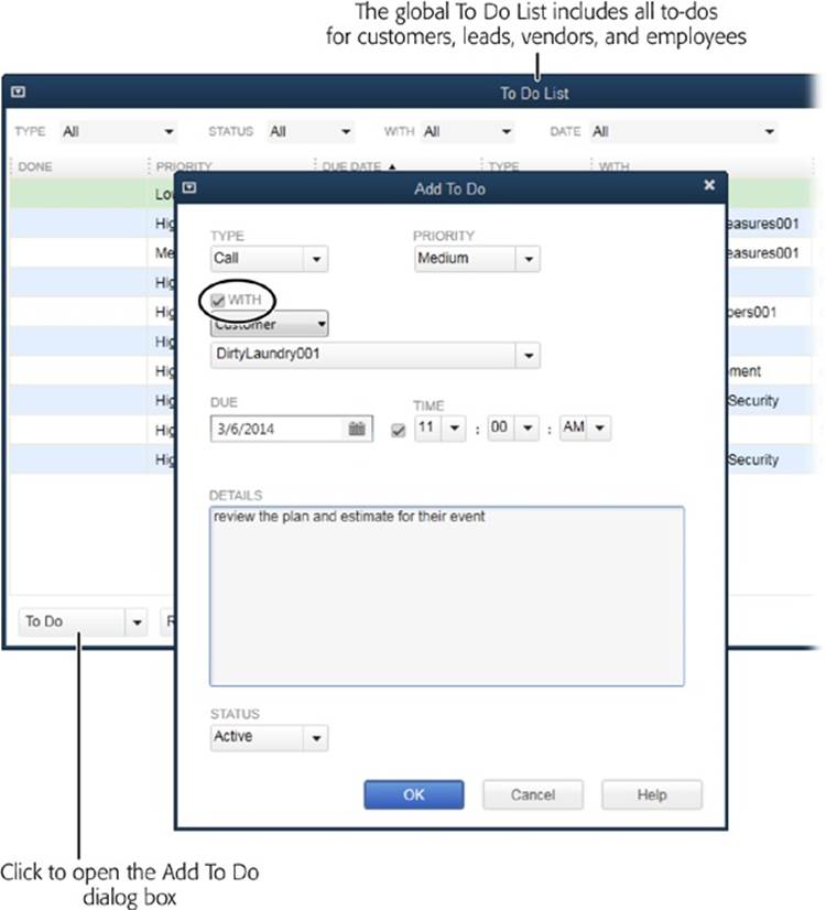 If a to-do is a task or communication with someone, turn on the With checkbox (circled) and then specify the person or company it’s connected to.However, a to-do doesn’t have to be associated with someone. For example, you may just want a reminder to submit your quarterly income tax form. In a situation like that, simply leave the With checkbox turned off.