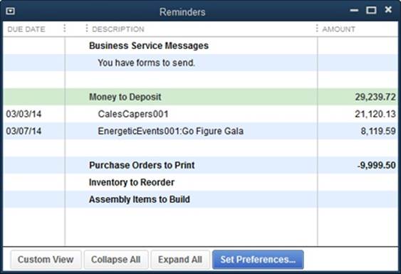 The way information is displayed in this window depends on what settings you choose in QuickBooks’ Reminders preferences, shown in Figure 18-5.To adjust your preferences, click the Set Preferences button shown here, or choose Edit→Preferences→Reminder.