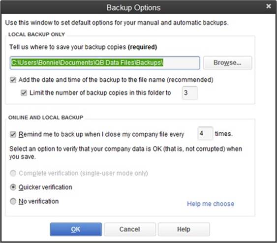The top section of this dialog box includes settings that apply only to local backups, like the location and the number of backup copies you want to save.The settings in the “Online and local backup” section, on the other hand, apply whether you create a backup on your computer or use one of Intuit’s online backup services (page 504). For example, you can specify how thoroughly you want the program to verify that your data isn’t corrupted.