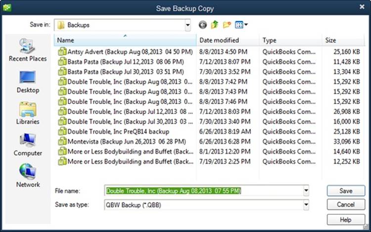 QuickBooks automatically fills in the “File name” box with the same filename prefix as your company file and adds a timestamp to show when you made the backup—unless you told it not to (see step 4 on page 501). For example, if you’re backing up your Double Trouble.qbw file, the backup file prefix is something like “Double Trouble (Backup Aug 03,2014 11 38 AM).” The “Save as type” box is automatically set to “QBW Backup (*.QBB),” which is what you want.
