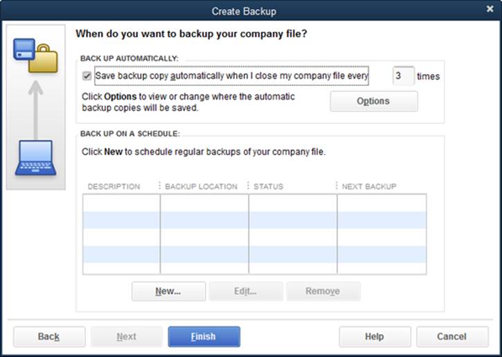 To change the location and other details of your automatic backups, click the Options button shown here.Page 500 explains the settings you can choose.