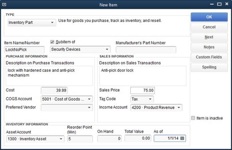When you create a new Inventory Part item, QuickBooks displays fields for purchasing and selling that item. The fields in the Purchase Information section show up on purchase orders. The Sales Information section sets the values you see on sales forms, such as invoices and sales receipts. The program simplifies recording your initial inventory by letting you type in the quantity you already have on hand and its value.