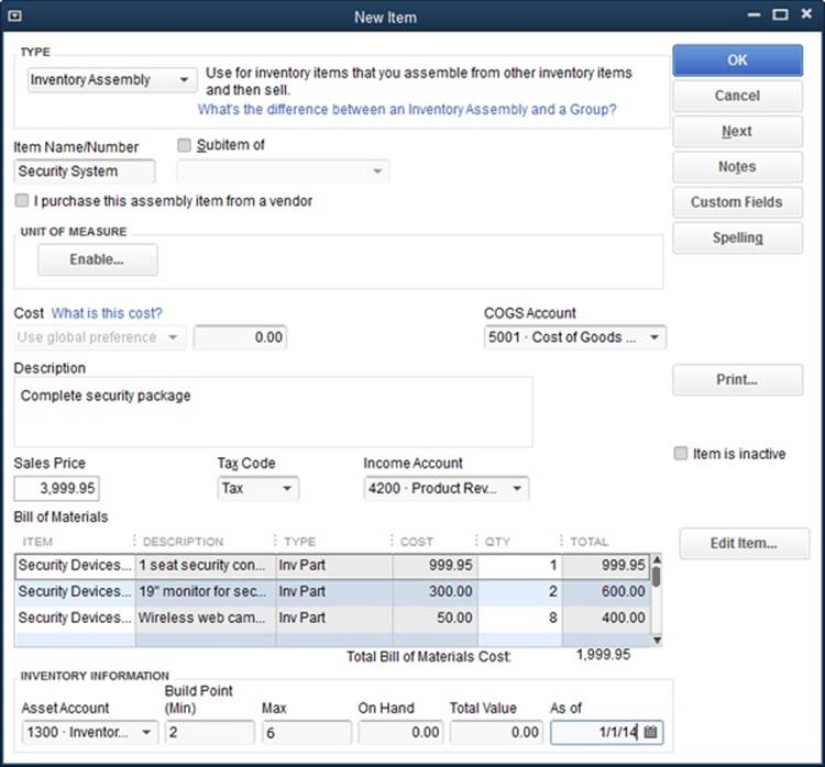 The New Item (or Edit Item) window for an Inventory Assembly item includes minimum and maximum Build Point fields instead of the Reorder Point field that Inventory items have. The minimum reorder point for Inventory items tells QuickBooks when to remind you to reorder individual Inventory items. As you build Inventory Assembly items, QuickBooks keeps track of how many individual Inventory items you use, which can trigger a reorder reminder. Because you build an Inventory Assembly item out of individual components, you fill in the Build Point (Min) field with the minimum number of inventory assemblies you want on hand to tell QuickBooks when to remind you to build more. The Max field specifies the maximum number you want on hand.