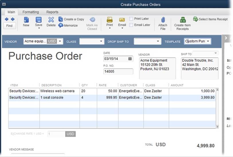 QuickBooks has one predefined template for purchase orders, although it’s called Custom Purchase Order. If you want to customize your purchase order form, at the top of the Create Purchase Orders window, click the Formatting tab, and then click Manage Templates. Page 711 tells the whole story of customizing templates.