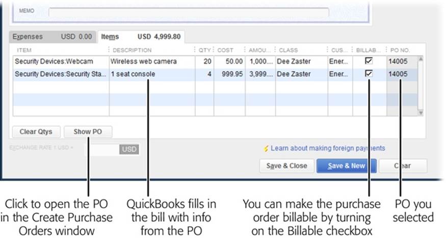 When you choose an open purchase order, QuickBooks uses the information from it to fill in fields in the Enter Bills window with most of the information about the items you ordered, such as the items table (shown here) and the Amount Due field in the header (not shown).