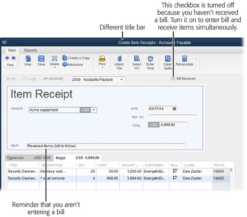 Because you’re only adding inventory to your company file, QuickBooks automatically turns off the Bill Received checkbox in the Create Item Receipts window.To make it crystal clear that you aren’t creating a bill, the program displays the words “Item Receipt” and, in the Memo box, adds the message “Received items (bill to follow).”