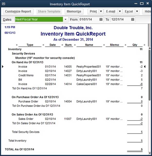 The Inventory Item QuickReport summarizes how many of an item you have on hand as well as the number that are on order.In the leftmost column, the headings at the beginning of each section show the last day of the previous fiscal year, such as “On Hand As Of 12/31/13” as shown here. Then the report lists the transactions during the current fiscal year that affect a total, such as invoice and item receipts for the On Hand As Of section. The Tot On Hand As Of and Total As Of labels show the actual as-of date for the report along with the final total for the inventory item.
