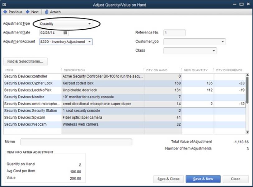 In this window’s table, QuickBooks shades the columns you can’t change.When you choose Quantity in the Adjustment Type box, as shown here, the Item, New Quantity, and Qty Difference columns are the only ones you can edit.