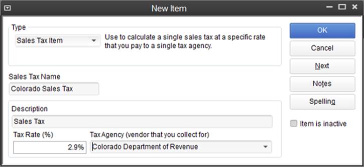 The “Tax Rate (%)” field sets the tax’s percentage. The Tax Agency drop-down list shows the vendors you’ve set up, so you can choose the agency to which you remit the taxes. If a tax authority collects the sales taxes for several government entities, a Sales Tax Group item is the way to go (see the box on page 559).