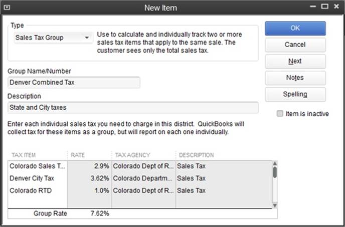 Before you can create a Sales Tax Group item, you first need to create each of the Sales Tax items that you plan to include in it. After you type the name or number of the group and a description, click the Tax Item cell and then click the drop-down list to choose one of the Sales Tax items to include in the group. QuickBooks fills in the rate, tax agency, and description from the Sales Tax item.