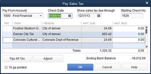 If you remit sales taxes to only one tax agency or all your sales tax payments are on the same schedule, you can click Pay All Tax to select every payment in the table. But chances are that you make payments to different agencies on different schedules—in which case, select all the agencies on the same schedule, and then repeat these steps for agencies that are on a different timetable.