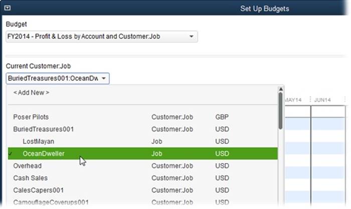 The Current Customer:Job drop-down list displays both customers and jobs so you can create budgets for customers or specific jobs. (Jobs are indented beneath their corresponding customers.)