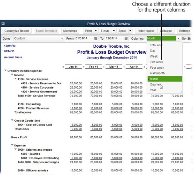 Although you build budgets month by month, many businesses (particularly ones with shareholders) focus on quarterly performance.To view your budget by quarter instead of by month, in the Columns drop-down list, choose Quarter.