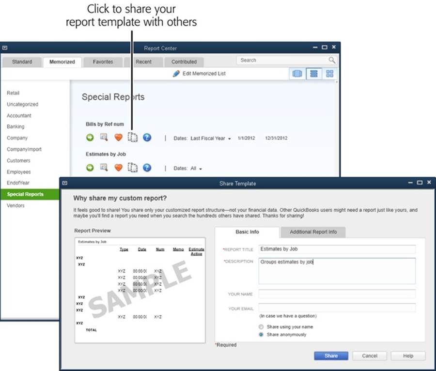 In the Share Template dialog box (foreground), the “Share anonymously” option is selected automatically, but you can select the “Share using your name” option if you want some publicity for your creations.On the dialog box’s Additional Report Info tab, you can designate a category and choose the industries the report applies to.