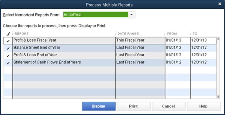 The Date Range column is grayed out because you can’t choose a different date range there. However, the From and To columns’ backgrounds are white, which means you can change the starting and ending dates for reports. If you adjust any dates, the report’s Date Range cell changes to read “Custom.”Simply turn on the appropriate checkmarks, and then click Display or Print to run your reports.