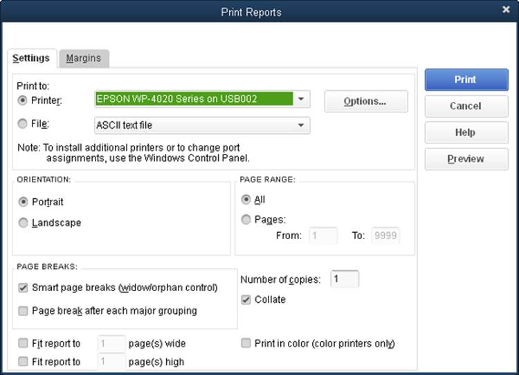 Select the Printer option here and then, in the Printer drop-down list, choose where you want to send the report. You can print reports in portrait or landscape orientation, and specify the pages you want to print, how many copies, where you want page breaks, and whether to use color. If a report is a bit too wide or too tall to fit on one page, turn on the appropriate “Fit report to” checkboxes, which force the report onto the number of pages you specify.