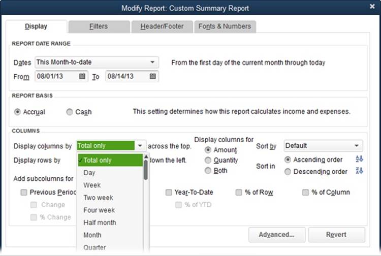 In addition to date ranges, filters, and other customizations, you can control what appears in a custom report’s rows and columns. The “Display columns by” and “Display rows by” drop-down lists include many of the same choices, so you can set up a report to show your data either across or down. (A report that uses the same category for both columns and rows doesn’t make any sense, so be sure to choose different entries for columns and rows.)