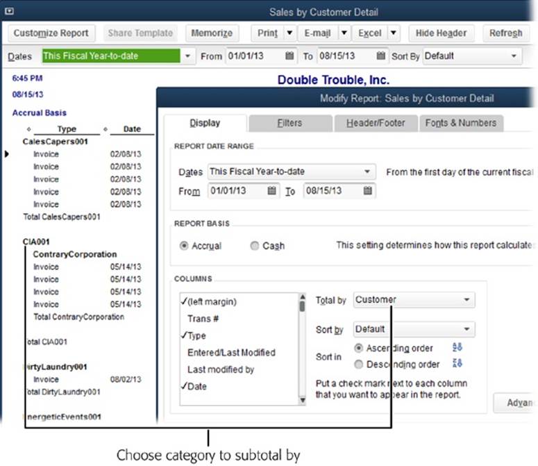 When you run a report with transaction details, QuickBooks picks a category to subtotal by. For example, the Sales by Customer Detail report starts with sales subtotaled by customer.To change the subtotal category, in the report’s window, click Customize Report. Then, in the Modify Report dialog box (foreground), choose another field in the “Total by” box, like “Class” or “Customer type.”