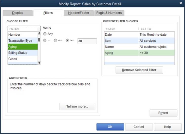 When you pick a field in the Choose Filter list, the criteria for that field appear.If you’re not sure what a field and its criteria settings do, click the “Tell me more” button to open the QuickBooks Help window to the topic about that filter.