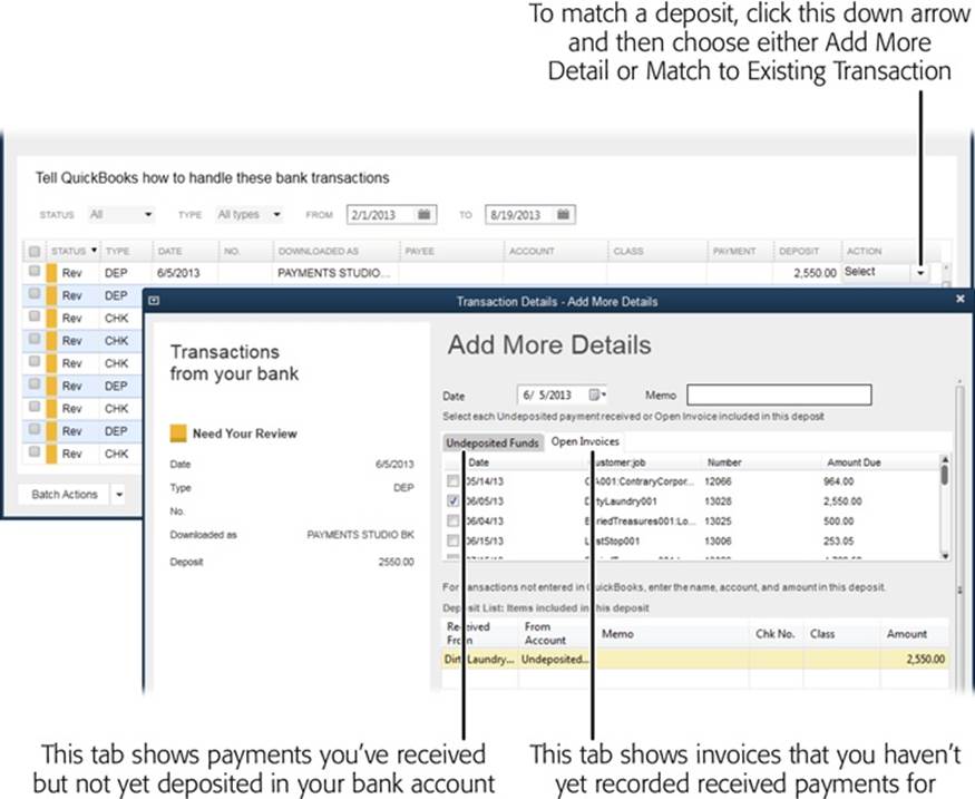 To match a deposit, in the Transactions List window, click its Action cell (labeled in the background here), click its down arrow, and then choose Add More Details to open the dialog box shown in the foreground here.If you don’t see the deposit you want to match on the Undeposited Funds tab, click the Open Invoices tab to look for the invoice that goes with the downloaded deposit. When you record the deposit, QuickBooks links the invoice and payment to show that the invoice was paid.