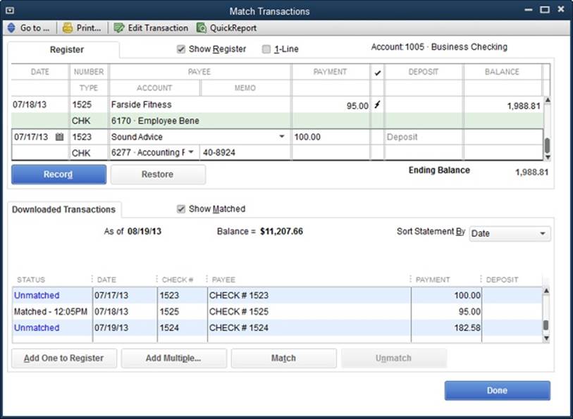 If you dutifully enter all your transactions before you download your statement, seeing dozens of unmatched transactions might make you nervous. To make QuickBooks compare the downloaded transactions with the ones in your account register, turn on the Show Register checkbox near the top of this window.