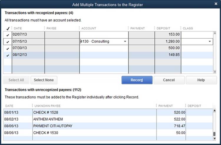 You can’t do anything with the transactions listed at the bottom of this window that have unrecognized payees. To correct those transactions, close this window and, back in the Match Transactions window, select one transaction and then click Add One to Register. You can then edit the payee name in the register. Repeat this process to fix the other transactions listed in the bottom of the window.