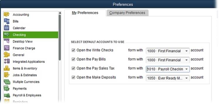 When you choose accounts here, you have one less field to fill in for each banking transaction. For example, if you always deposit money into your money market account, you can adjust these settings so the Write Checks window selects your checking account, whereas the Make Deposits window selects your money market account.