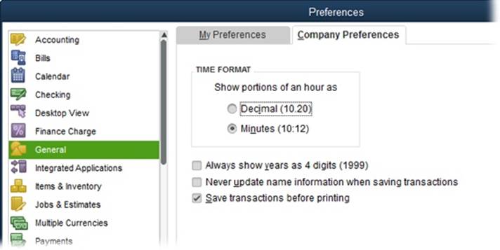 To display hours and minutes as decimals, choose the Decimal option. With this setting, if you type 15:45 (15 hours and 45 minutes) in a time field, QuickBooks converts that to 15.75. To display hours and minutes instead, choose the Minutes option. With this setting, QuickBooks displays the entry 5.4 as 5:24.