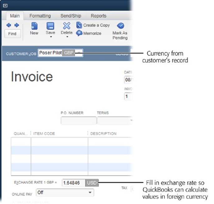 In transaction windows and dialog boxes, QuickBooks initially fills in the Currency box with your home currency, as shown here. However, after you set up a customer or vendor to use a foreign currency, QuickBooks automatically uses that currency instead.
