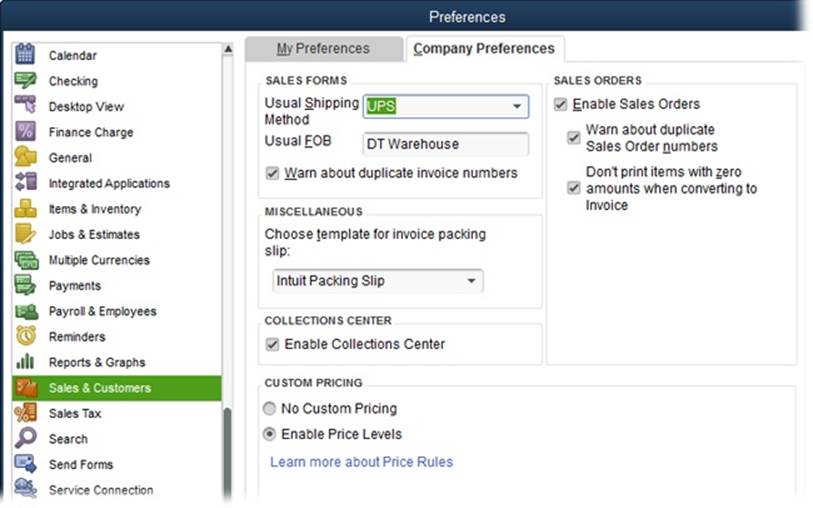 Company preferences in the Sales & Customers category affect the information that appears on invoices. This tab also lets you turn on other sales-related features like sales orders, price levels, and the Collections Center.