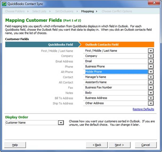Contact Sync’s Setup wizard makes some astute guesses about which Outlook fields match up with which QuickBooks fields.However, if the selected field isn’t what you want, click the down arrow to the right of the Outlook field’s name, and then choose the correct field.
