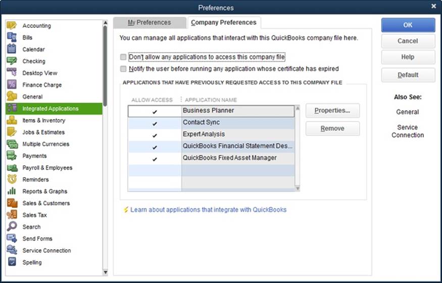 Only the QuickBooks administrator can give programs access rights.To learn more about how integrated applications work with QuickBooks, click the “Learn about applications that integrate with QuickBooks” link shown here. When you do that, a browser window opens to a support page that describes Intuit Sync Manager, a feature that synchronizes your QuickBooks data with Intuit’s online services and third-party apps that you use.