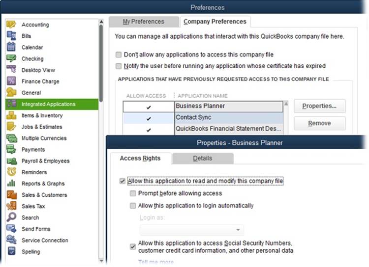 To change an integrated application’s access rights, on the Company Preferences tab, select the application and then click the Properties button. In the Properties dialog box, you can turn checkboxes on and off to remove access or change the level of access the program has. The Details tab shows the program’s name, the company that developed it, its version, and its certificate.