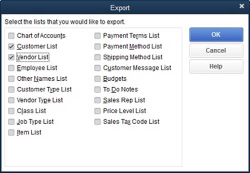 Turning on a checkbox tells QuickBooks that you want to export all the records in that list.If you turn on more than one checkbox, the data for every list you choose ends up in a single export file.