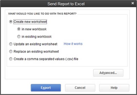 When you create an Excel workbook by exporting a report, QuickBooks automatically includes a worksheet in it with tips for working with the resulting Excel worksheet.If you don’t need help with Excel, click the Advanced button shown here and then, in the Advanced Excel Options dialog box, turn off the “Include QuickBooks Export Guide worksheet with helpful advice” checkbox.