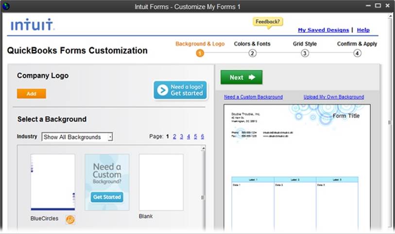 To create a form design, simply choose a background and add a logo; specify colors and fonts; pick a grid style; and then confirm and apply your changes. To proceed to the next step in the design process, click the Next button.If you’ve already created a few design masterpieces, click the My Saved Designs link at the top of the window and log into your Intuit account. You can apply those designs to other forms, edit the designs, or get rid of them.