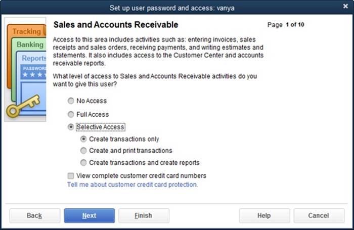 In the upper-right corner of the “Set up user password and access” dialog box, QuickBooks shows which page you’re on (1 of 10, 2 of 10, and so on). Each area of QuickBooks appears on its own page.When you’re done, the 10th page shows a summary of the features that this user can access.