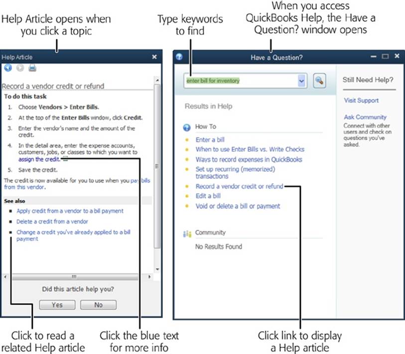 When you click a topic in the “Have a Question?” window (right), the Help Article dialog box to its left displays information, instructions, and additional links to related topics (left). In the instructions, click blue text to see more detailed info. If you click topics in the Help Article window’s “See also” section (which doesn’t appear for every topic), you may quickly find yourself several topics from where you started. To navigate back to previous topics, click the left arrow (Back) or right arrow (Next) in the Help Article window.