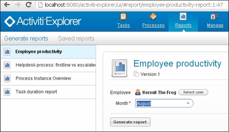 Time for action –­ reporting using the Activiti Explorer