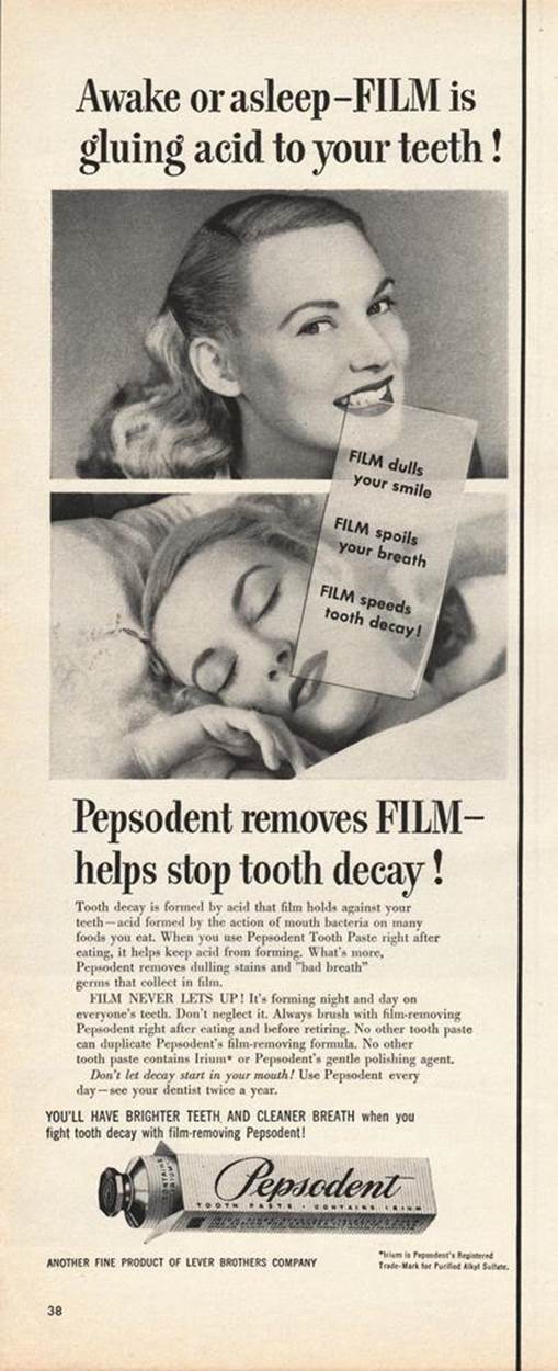 Pepsodent advertisement from 1950, highlighting the cue for the habit of brushing teeth: tooth film (courtesy of Vintage-Adventures.com)
