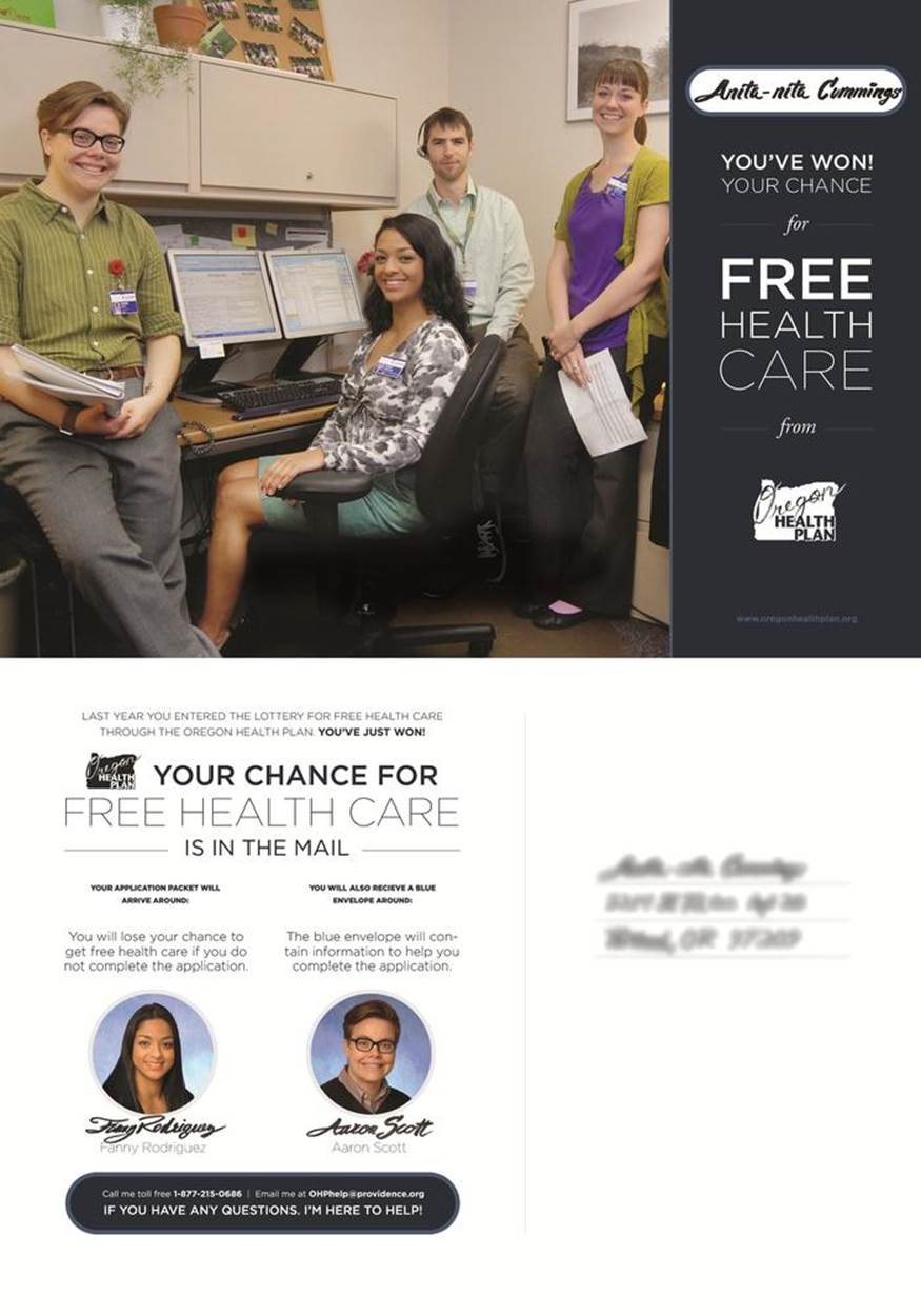 A postcard developed by ideas42 to help winners of the Oregon healthcare lottery get past their automatic rejection of form letters, and read enough to see that they’ve won free healthcare