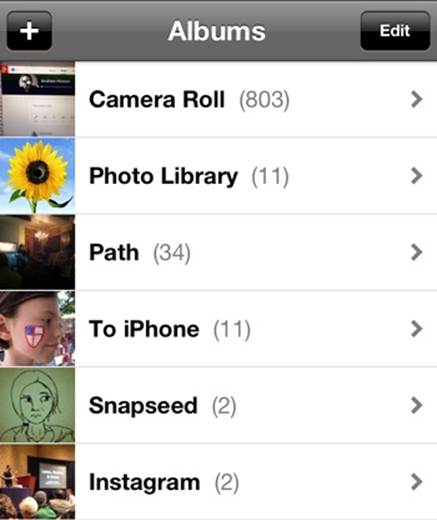 The iPhone “Albums” structure in iOS 6 that somehow contained a “Camera Roll”
