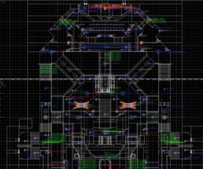 A Quake “map” as it looks as a wireframe view in a map editor