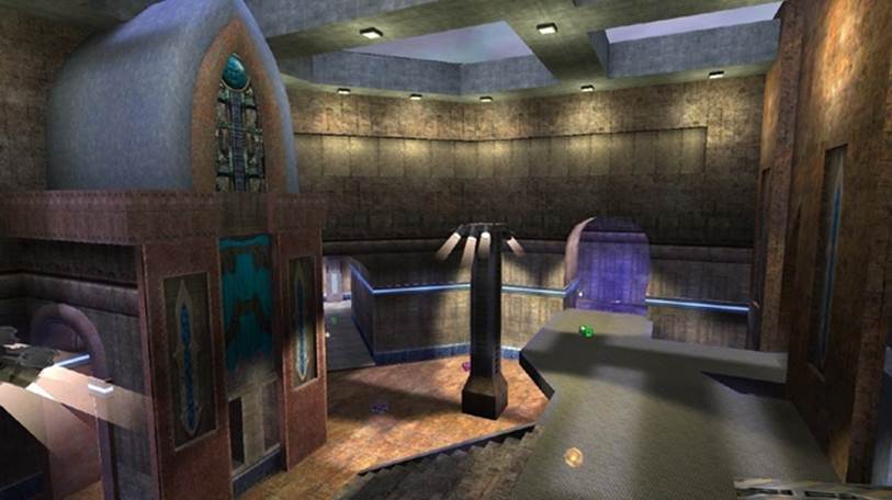 How one room of a Quake map looks as rendered in the game (map designed by Tom Boeckx for Quake 3 Arena, a more recent version of the game)Found at . Images borrowed under terms as seen here: