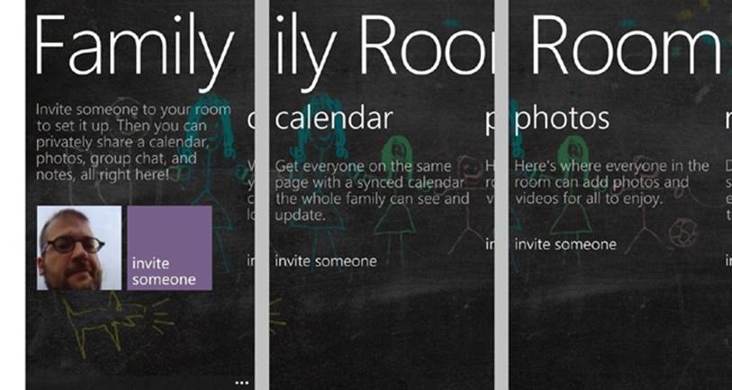 Three panels of the Windows Phone 8 Rooms featureScreenshots courtesy of Dan Klyn.